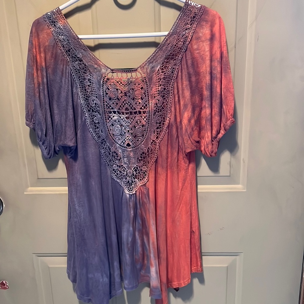 INSPIRED Boho style Peach-Blue tie-dyed and lace top, Size Medium